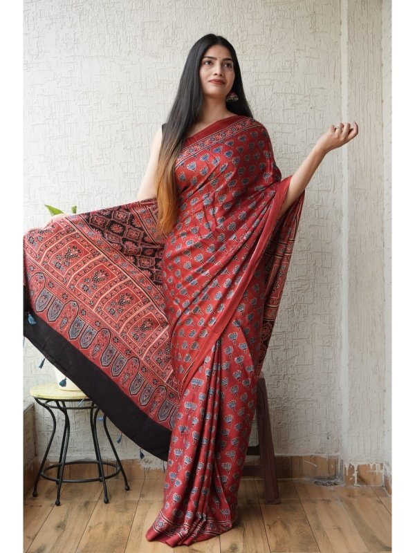 Ajrakh Sarees Latest Designs - Hand block printed contemporary