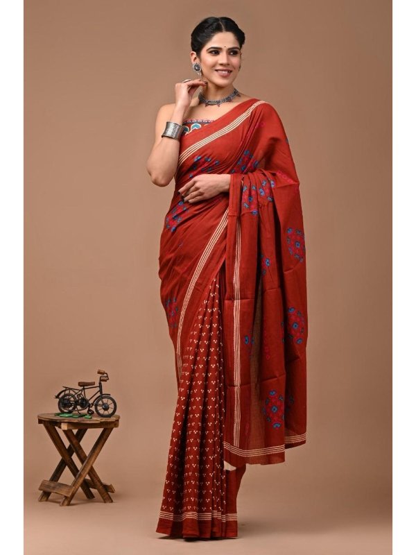 Cotton Sarees Ajrakh Design - Hand block printed pure cotton
