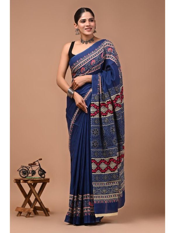 Indigo Ajrakh Sarees - Hand block printed natural indigo dye