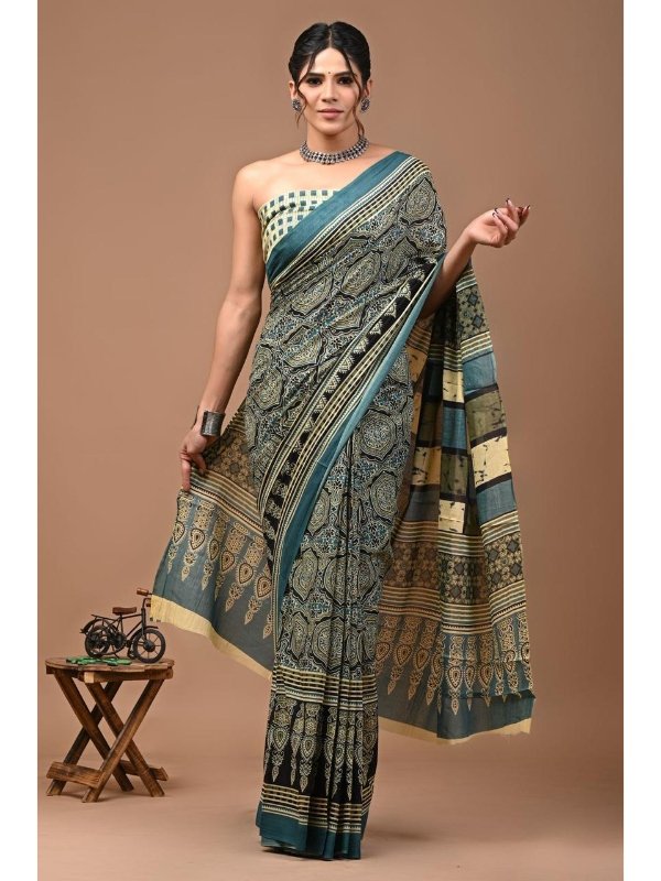 Mul Cotton Ajrakh Sarees - Traditional weave