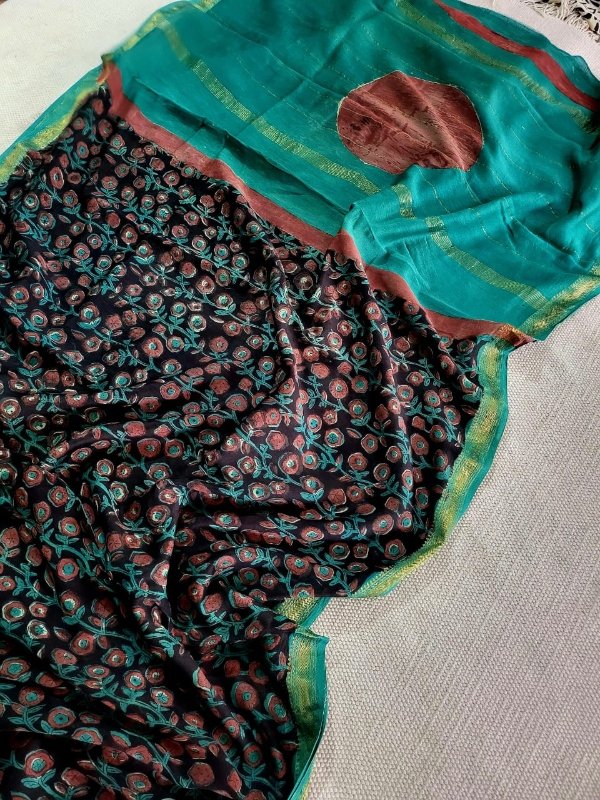 Organic Natural Ajrakh Maheshwari Sarees - Hand block print