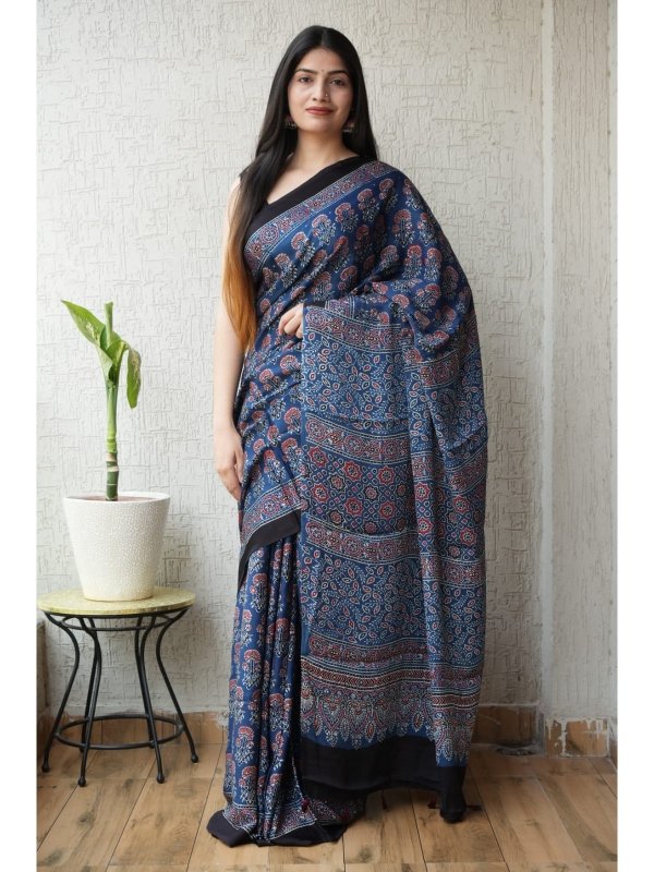 Pure Modal Ajrakh Sarees - Hand block printed premium