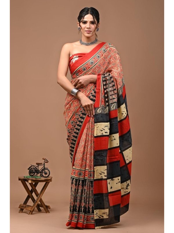 Red Ajrakh Cotton Saree - Hand block printed pure cotton