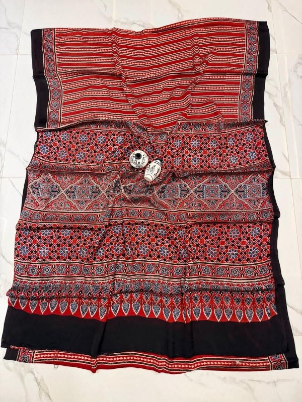 Red Ajrakh Print Sarees - Hand block printed premium modal silk